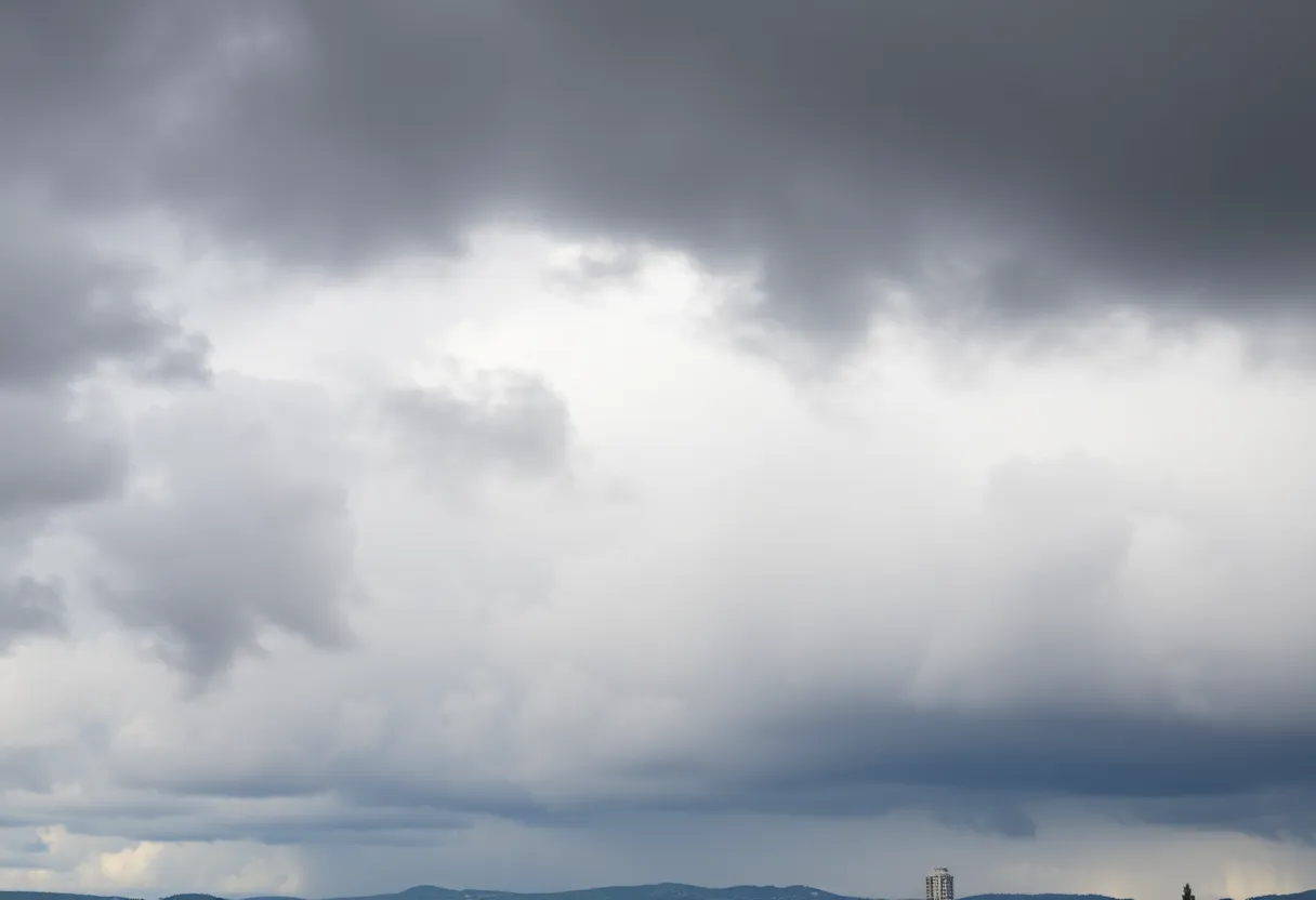 Dramatic storm clouds over San Diego County with rain falling