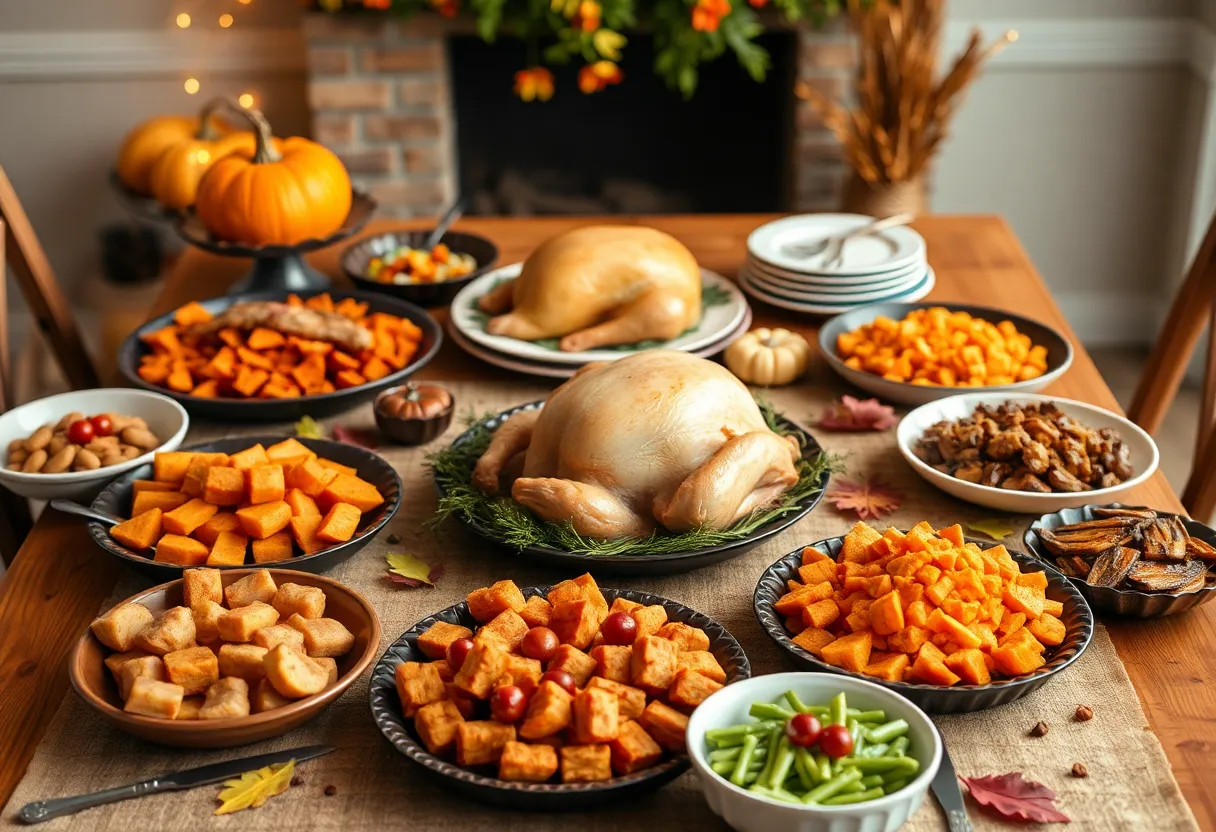 A beautifully arranged Thanksgiving dinner spread with various traditional dishes.