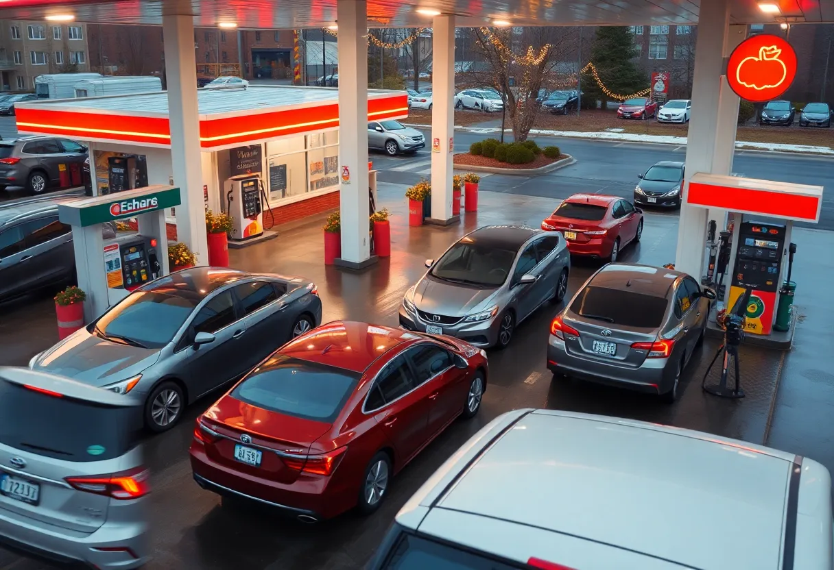 A busy gas station filled with cars during the Thanksgiving holiday