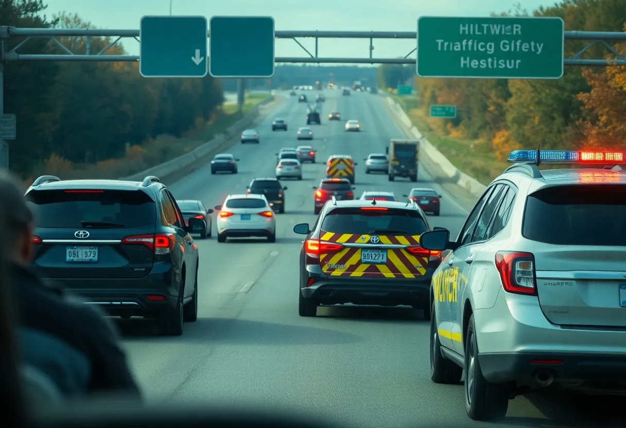 Vehicles on the highway during holiday travel with a law enforcement vehicle present.