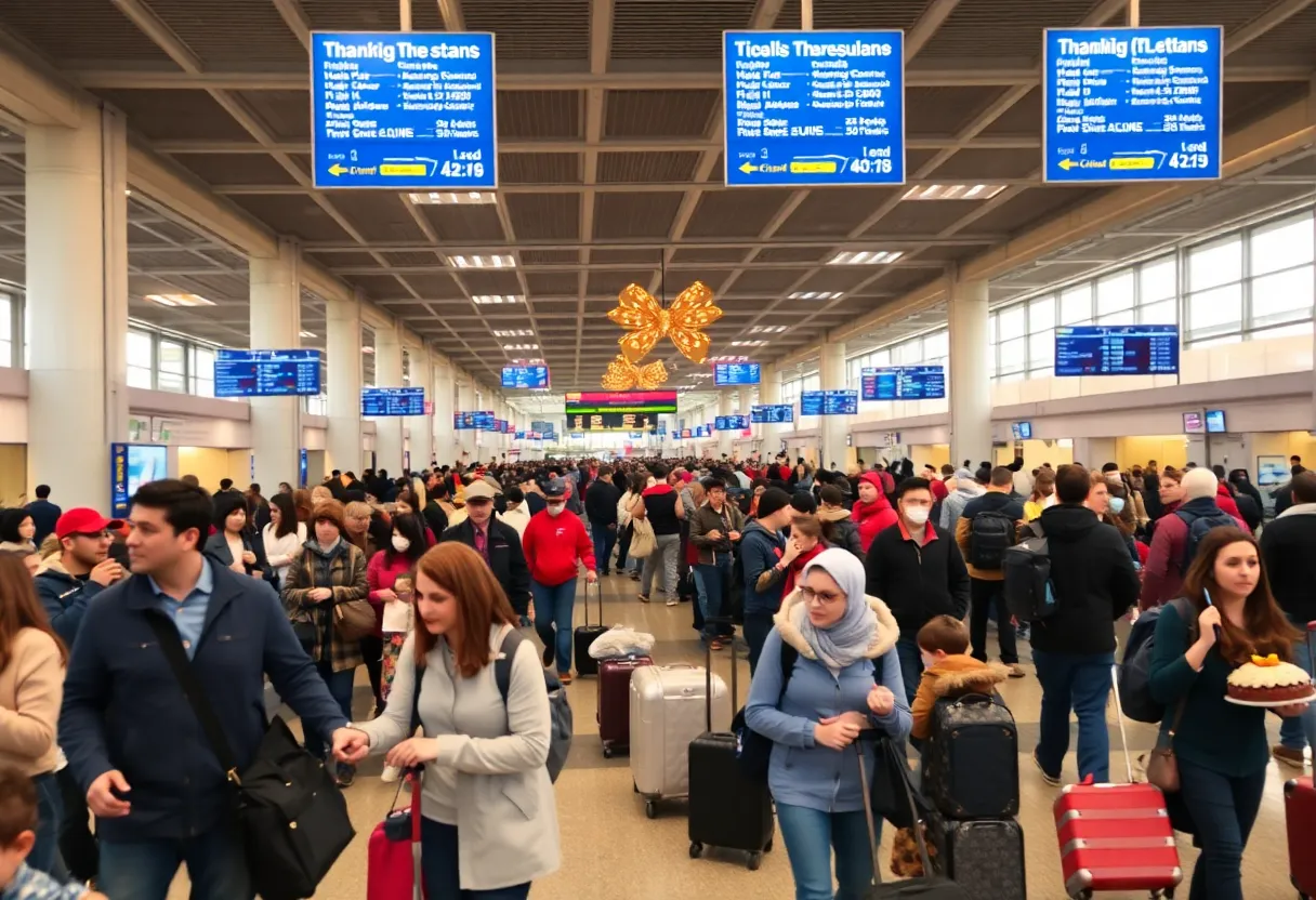 Busy terminal at San Diego International Airport during Thanksgiving travel rush.
