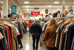 Shoppers exploring thrift store for bargains