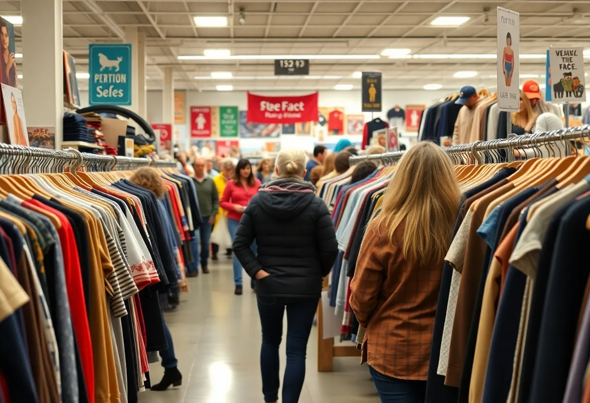 Shoppers exploring thrift store for bargains