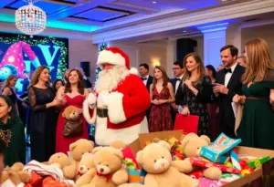 Charity event in San Diego with attendees dressed in formal attire bringing toys for donation.