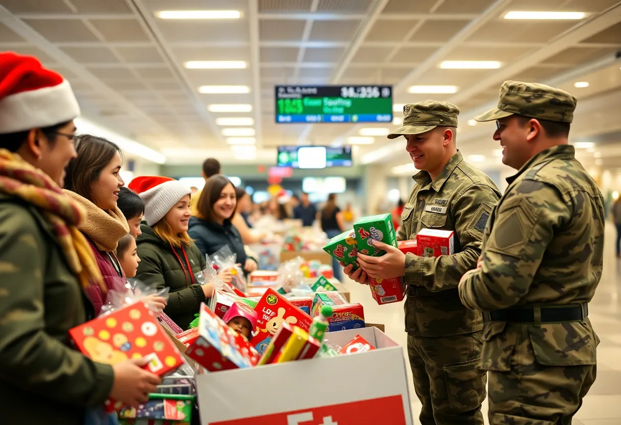 Families donating toys at San Diego County Airports for Toys for Tots.