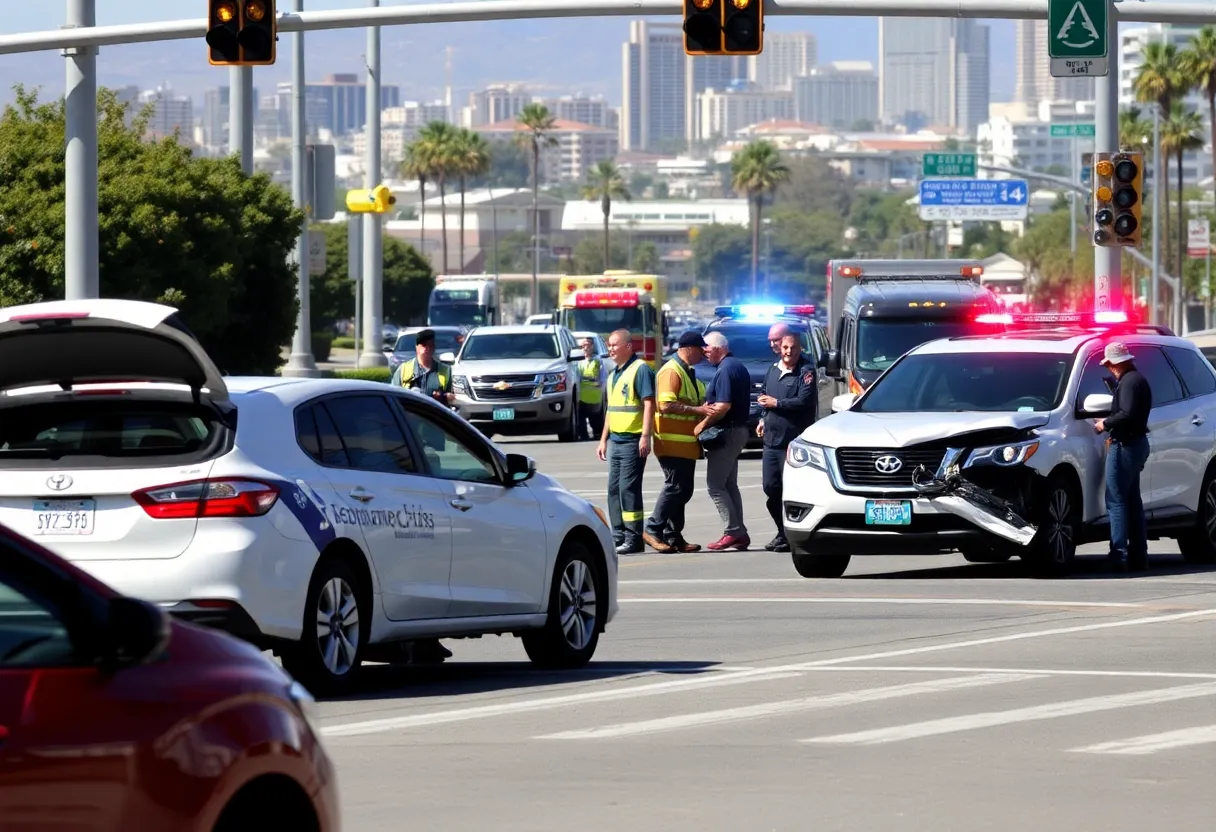 Emergency responders at a traffic accident scene on Frost Street in San Diego