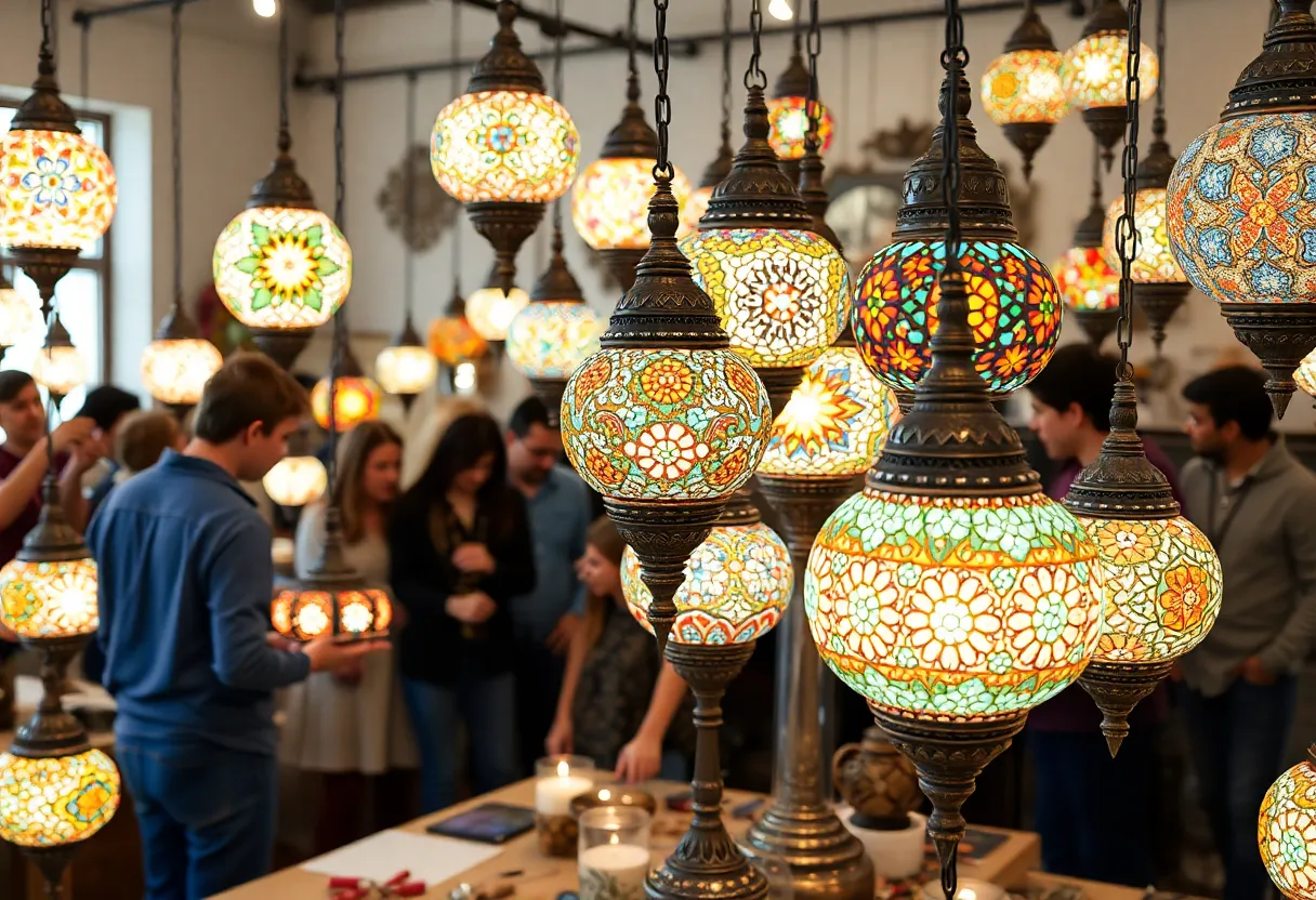 Participants creating Turkish mosaic lamps in a workshop