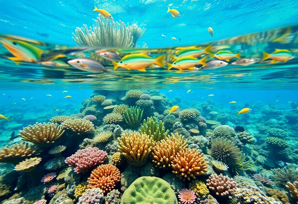 Underwater scene of a diverse marine ecosystem with colorful fish and corals.