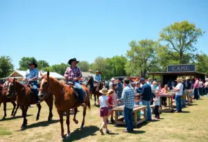 Families enjoying the Western Hoedown with horse riding and hayrides.