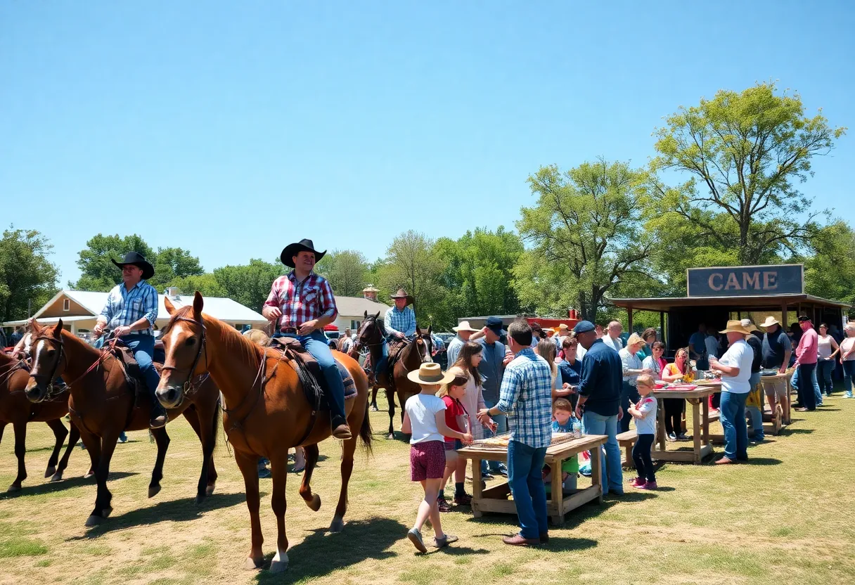 Families enjoying the Western Hoedown with horse riding and hayrides.