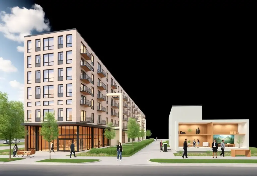 Conceptual image of 101 Ash Street office building being transformed into affordable housing.