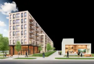 Conceptual image of 101 Ash Street office building being transformed into affordable housing.