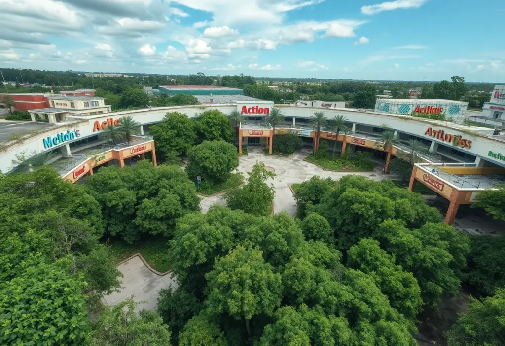 Aerial view of the abandoned Westminster Mall highlighting site decay.