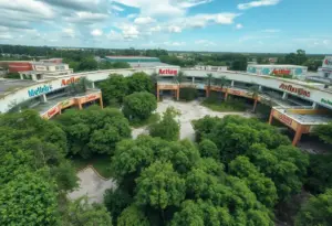 Aerial view of the abandoned Westminster Mall highlighting site decay.