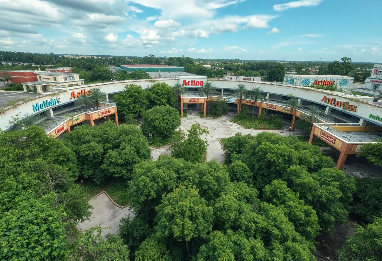 Aerial view of the abandoned Westminster Mall highlighting site decay.