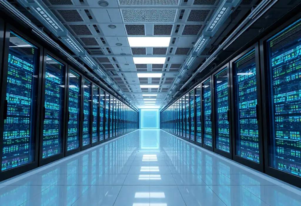 Futuristic data center utilizing AI and renewable energy