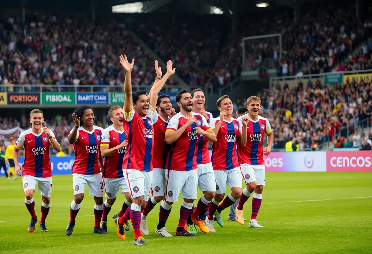 Celebration of the American Samoa women's national soccer team after their historic victory.