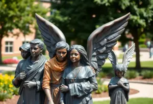 Bronze sculpture of migrants and refugees with angel wings in outdoor garden.