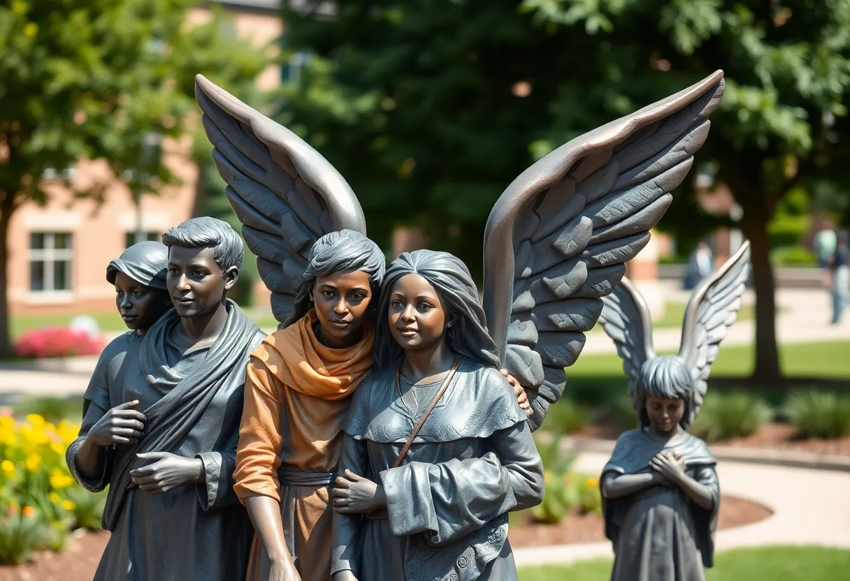 Bronze sculpture of migrants and refugees with angel wings in outdoor garden.