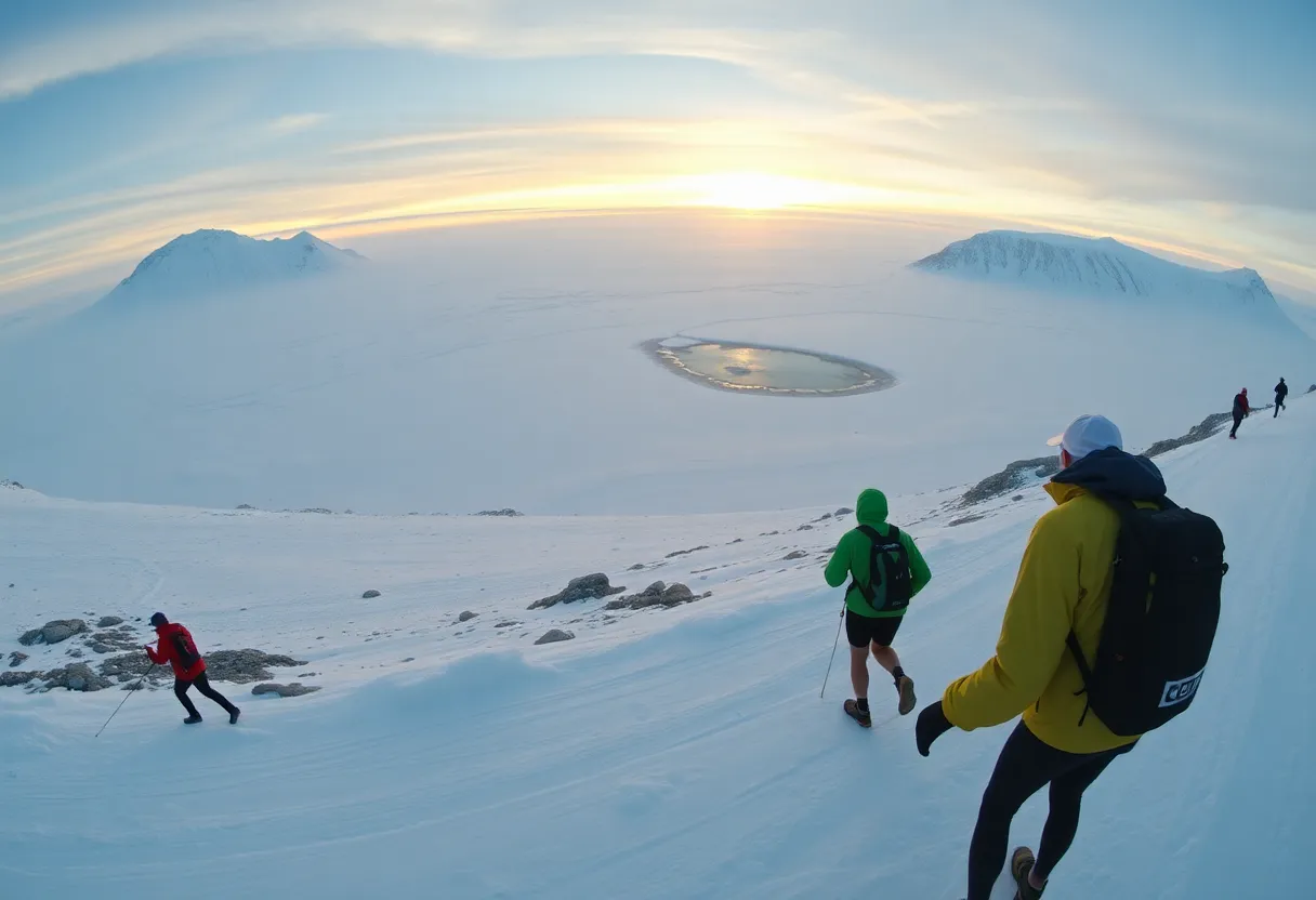 Runners participating in the Antarctic Ice Ultra against a scenic icy backdrop.