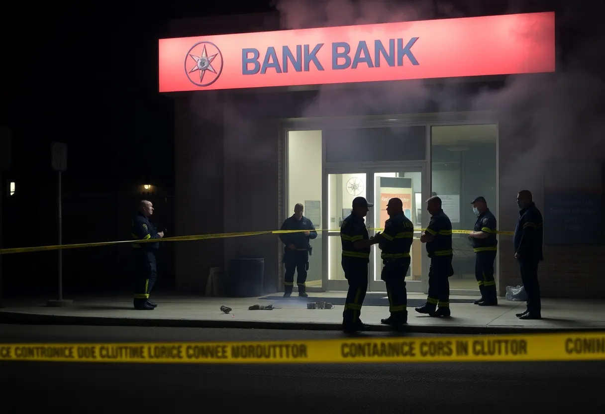 Scene depicting the aftermath of an ATM explosion with smoke and emergency responders present.