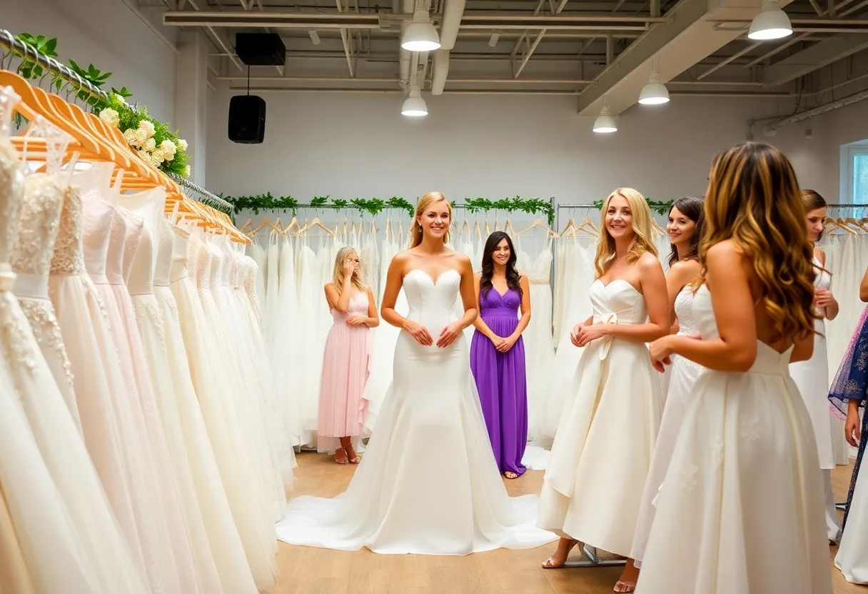 Brides trying on wedding dresses at Azazie's bridal pop-up event in San Diego