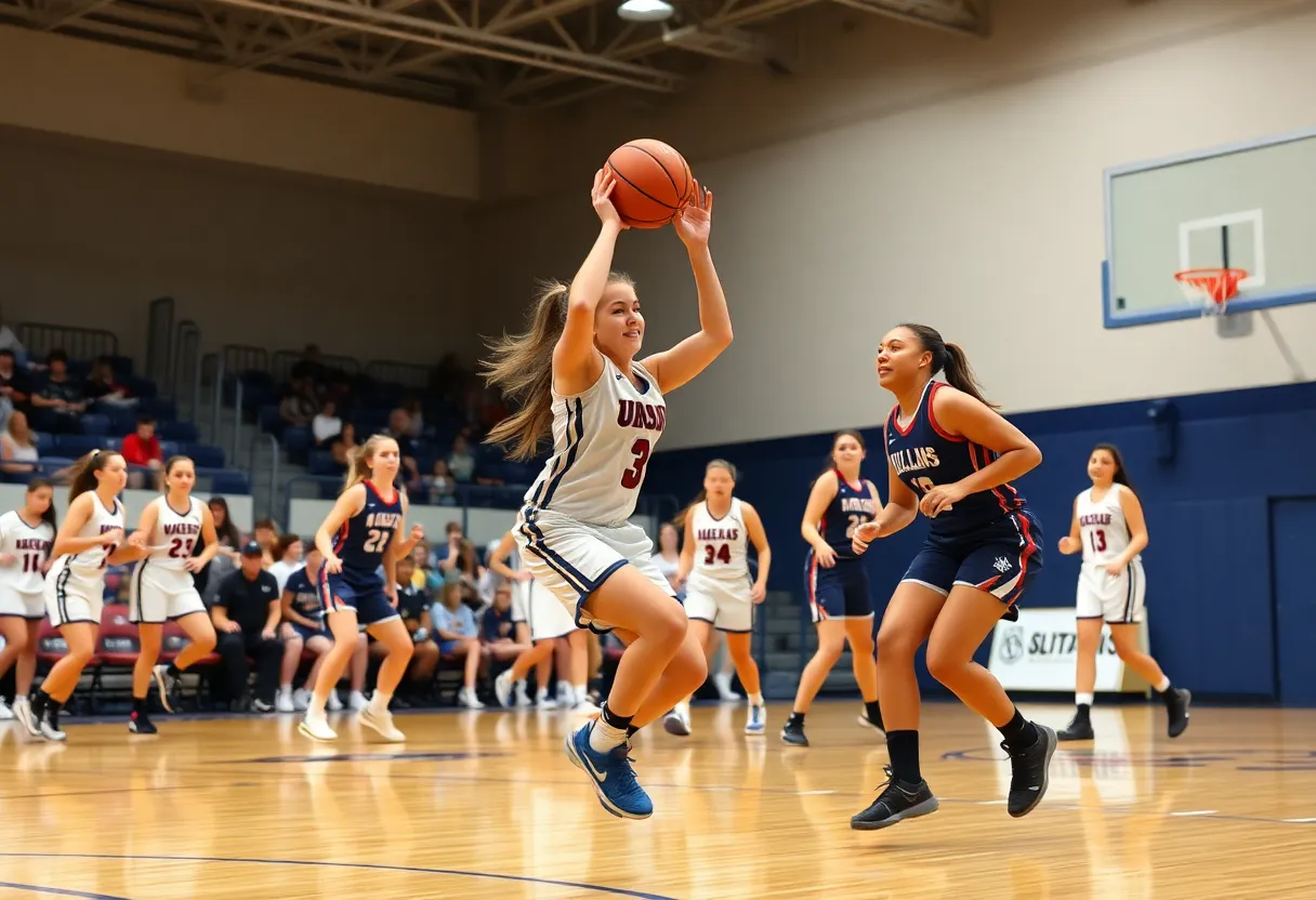 Competition on the basketball court between high school girls' teams