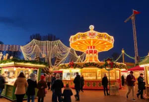 A festive scene at Belmont Park's Winter Wonder Festival featuring lights and family activities.