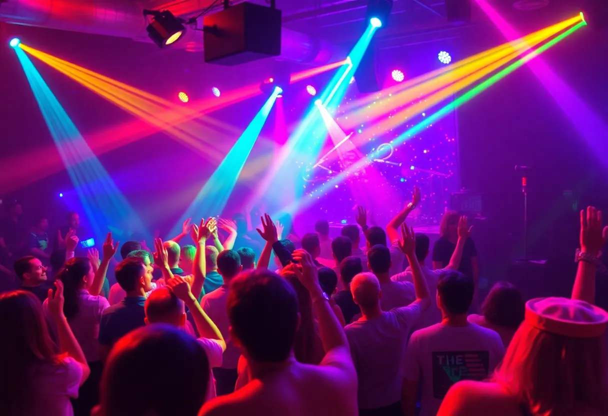 Crowd dancing at Betamaxx and Hot Lava concert during the 80s holiday after-party in Solana Beach.