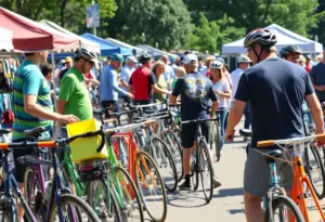 Cyclists exploring the bicycle swap meet at San Diego Velodrome