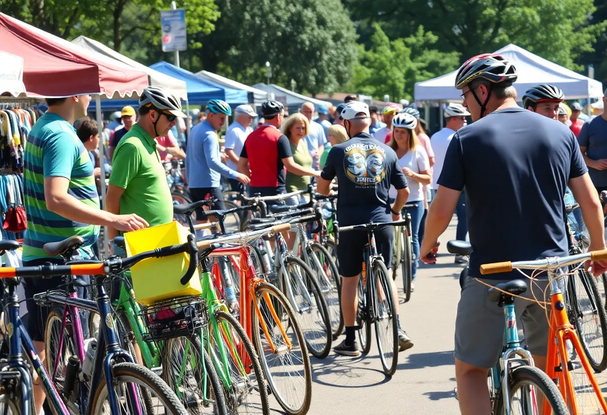 Cyclists exploring the bicycle swap meet at San Diego Velodrome