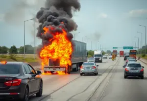 Firefighter extinguishing a semi-truck fire on Interstate 5