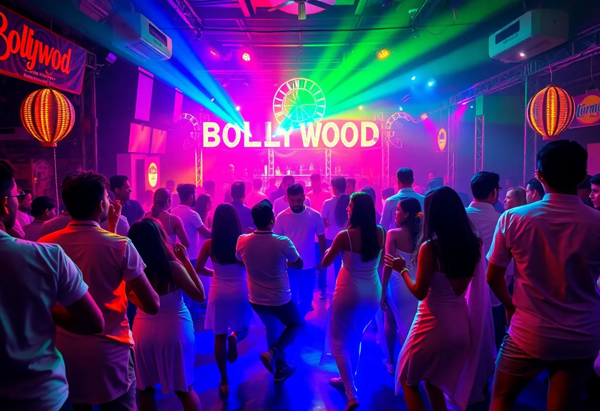 Attendees dancing at the Bollywood GLOW Party with neon attire and colorful lights.
