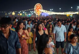 Beach celebration scene with festive lights