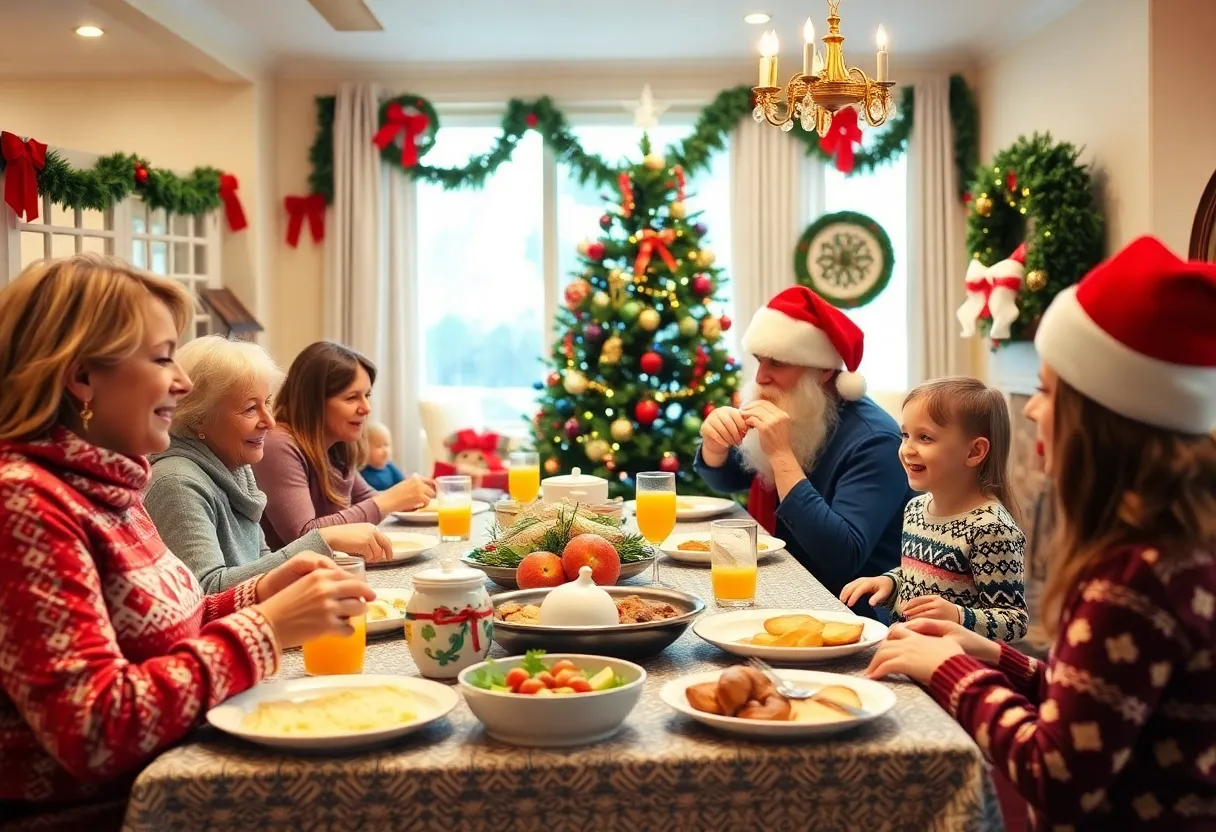 Families enjoying a festive breakfast with holiday decorations.