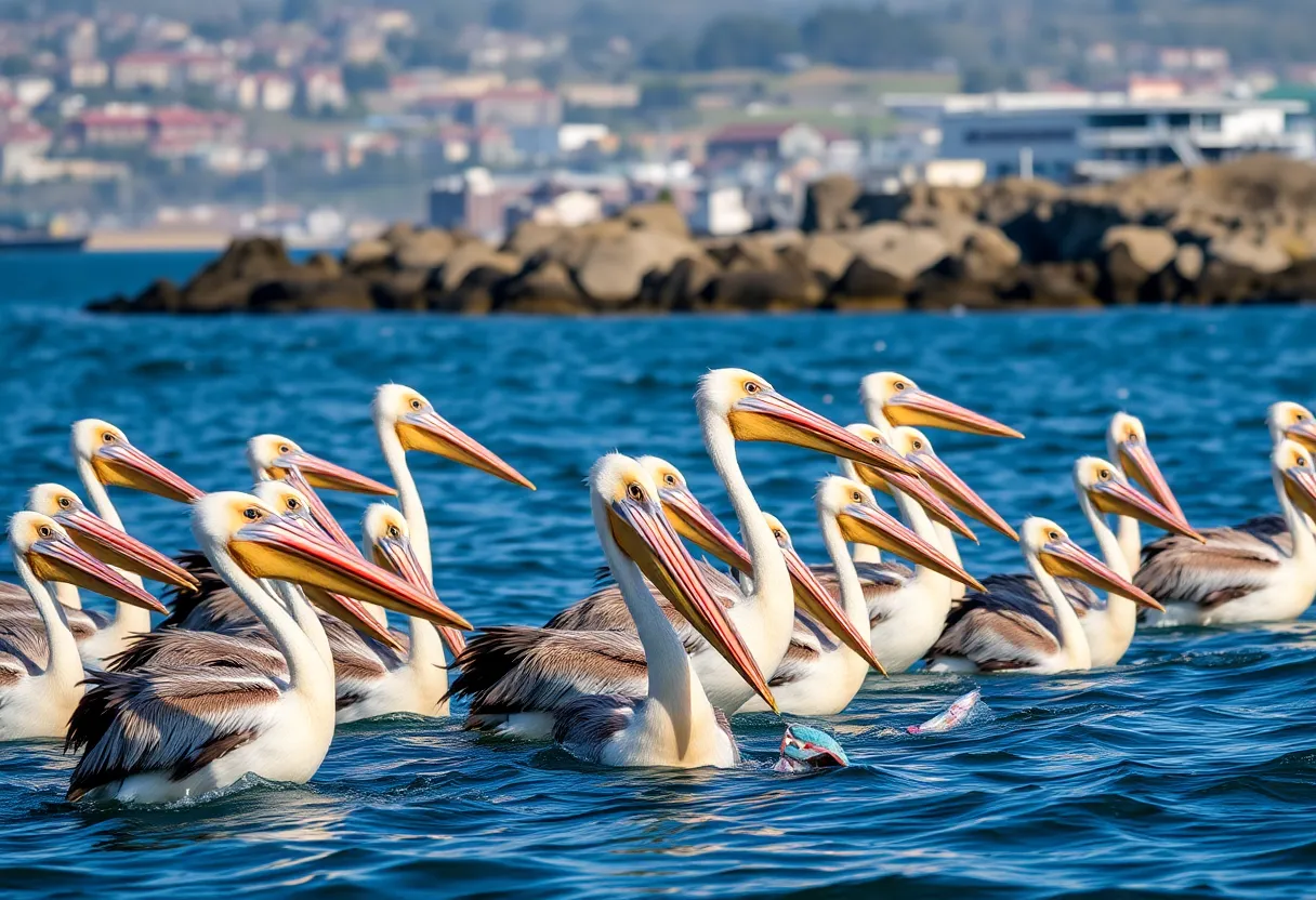 Brown pelicans feeding on fish in Morro Bay