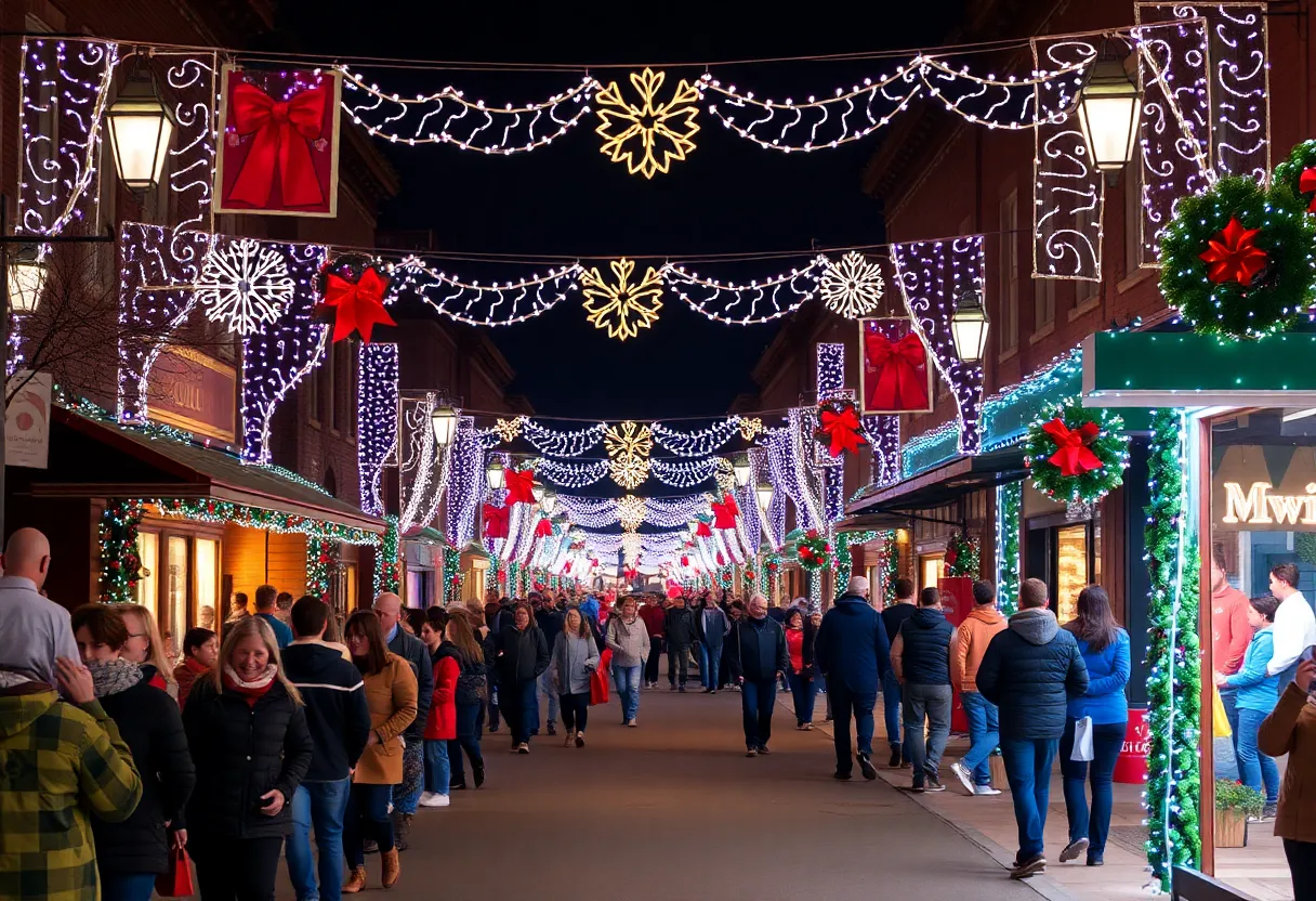 Crowd enjoying festive decorations in California during Christmas