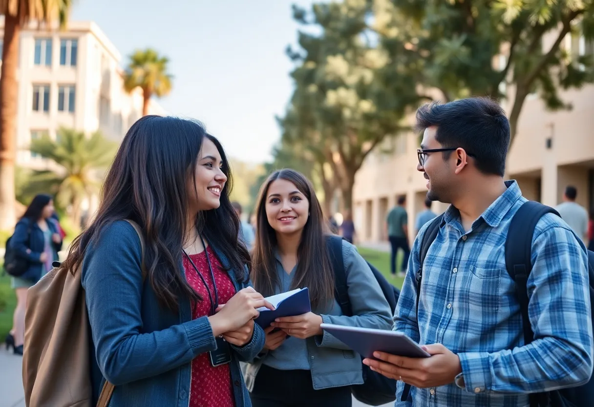 Students on a California college campus discussing their education.