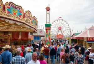 Crowded county fair scene with rides and stalls