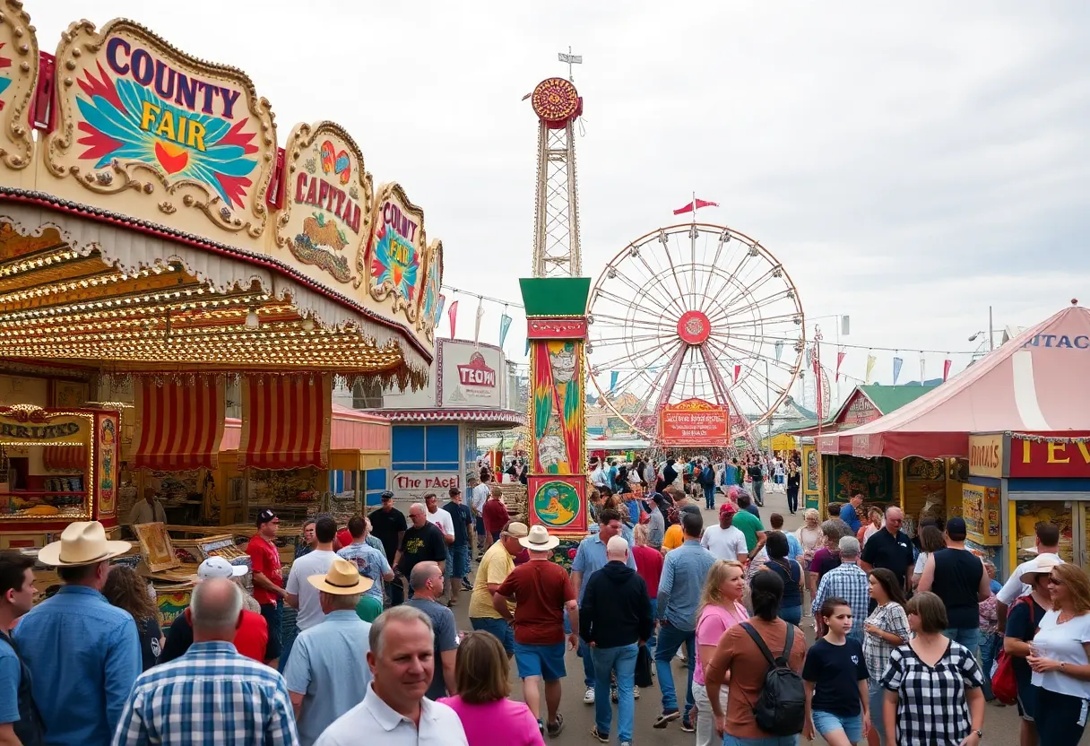 Crowded county fair scene with rides and stalls
