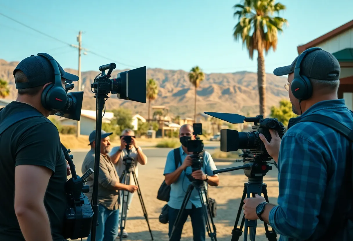 Film crew working on a project in California with equipment and scenery.