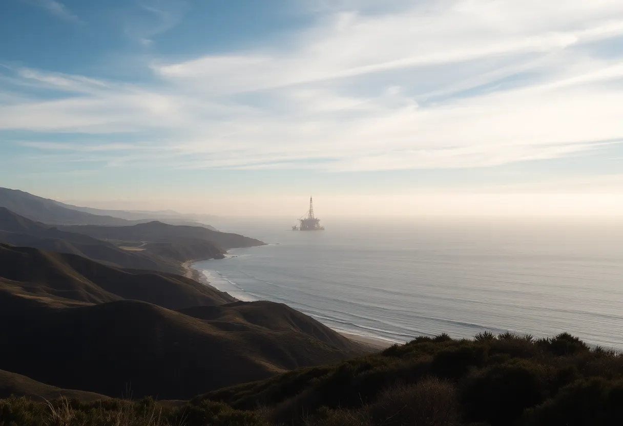 Coastal view of California with oil drilling rig