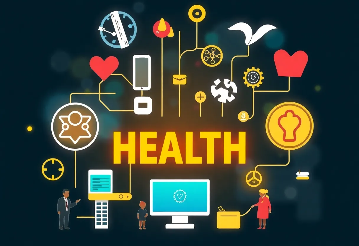 Illustration of health technology and community collaboration in California