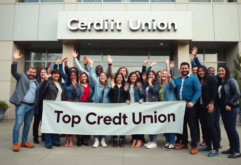 People celebrating in front of California Coast Credit Union building.
