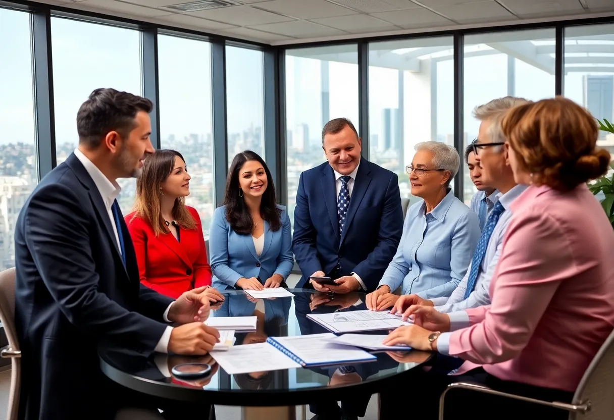 Employees discussing retirement savings options in an office
