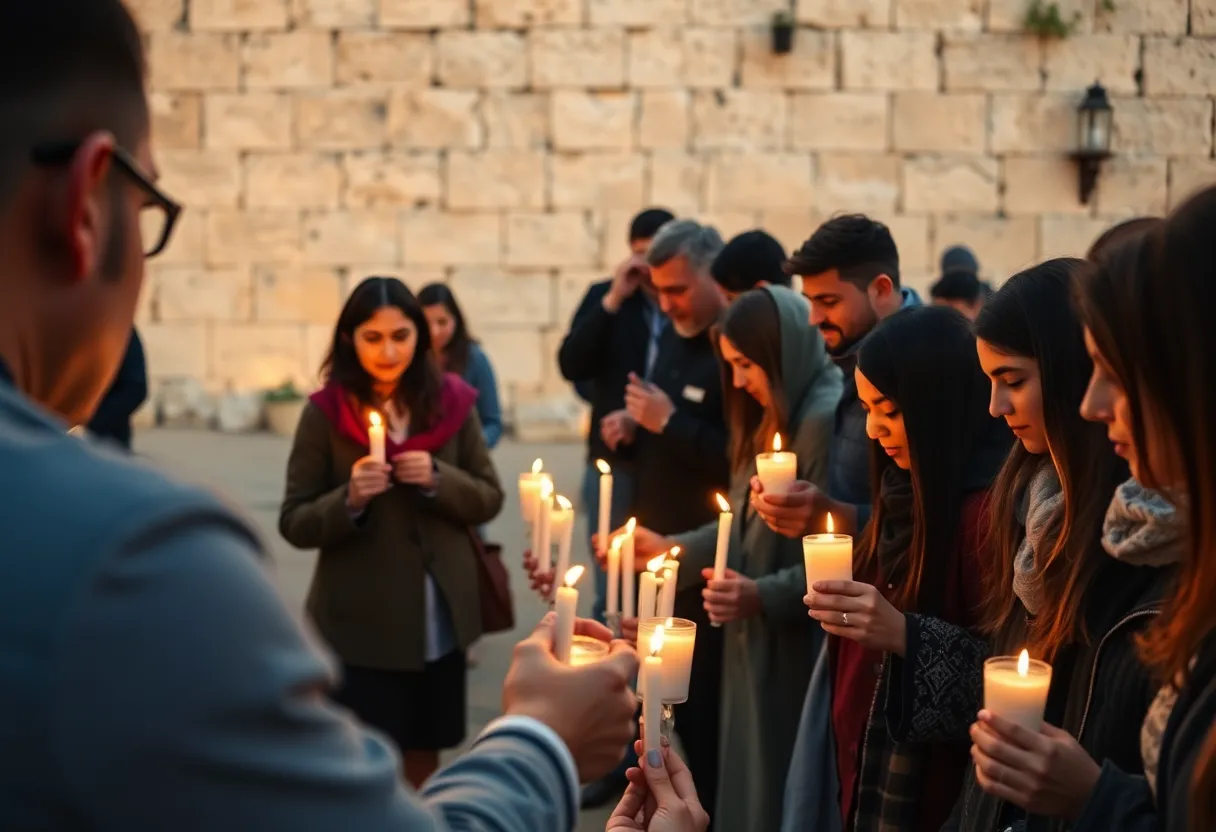 A group of Holocaust survivors at a candle-lighting ceremony at the Western Wall, Jerusalem, embodying hope and resilience.