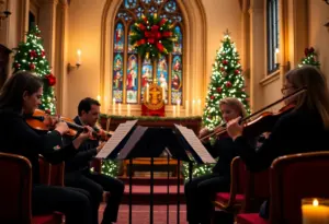 String quartet performing Christmas carols in candlelight