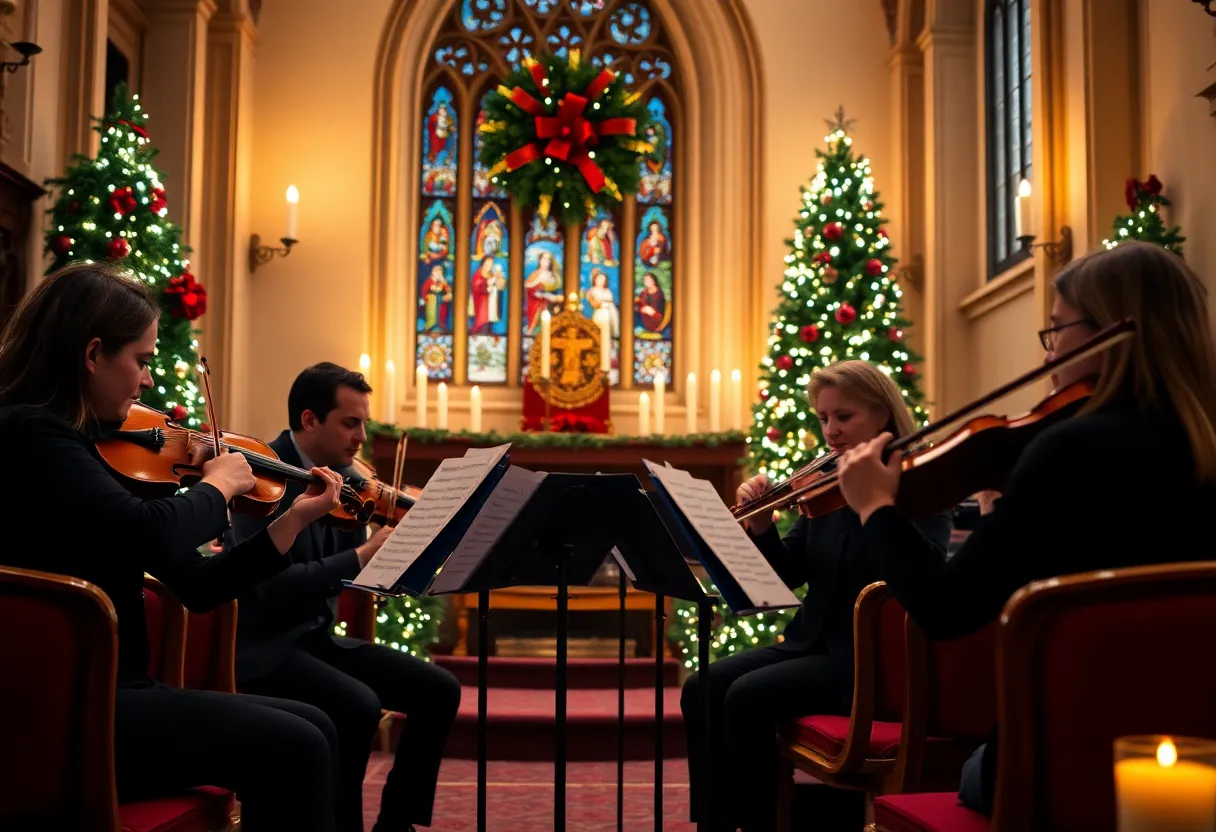 String quartet performing Christmas carols in candlelight