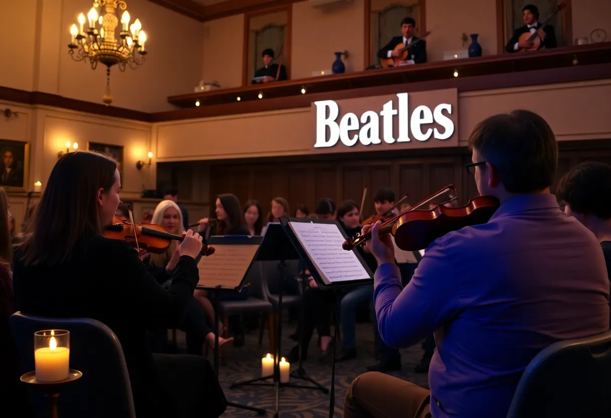 Concert attendees enjoying a candlelit tribute to The Beatles by a string quartet.
