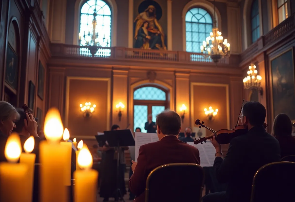Musicians performing at a candlelight concert in a dimly lit venue
